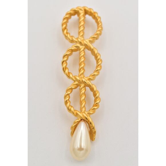 Givenchy Vintage Big Rope Pin Brooch Matte Brushed Gold Pearl Chunky Signed BinJ - Picture 4 of 12